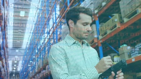 Animation of binary coding over male warehouse worker Stock-Footage 159241805