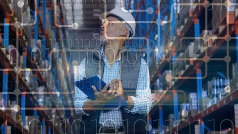 Animation of binary coding over male warehouse worker Stock-Footage 159241806