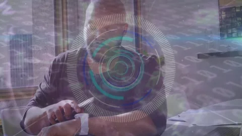 Animation of binary coding over man using smartphone and smartwatch Stock Footage 159242004