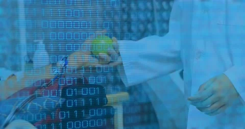 Animation of binary coding over mid section of doctor holding hand of patient Stock Footage 203846985