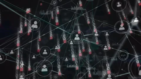Animation of binary coding over network of profile icons and data processing on Stock Footage 326879373