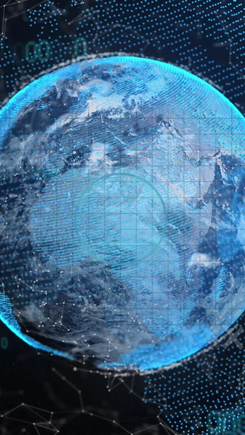 Animation of binary coding over network of connections and globe against blue Video stock 342612846
