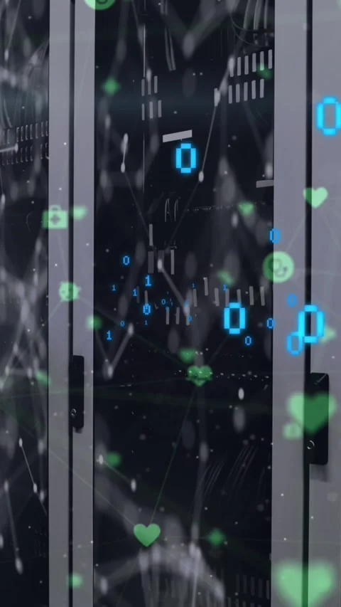 Animation of binary coding over network of connections and digital icons against 库存影片 344679500