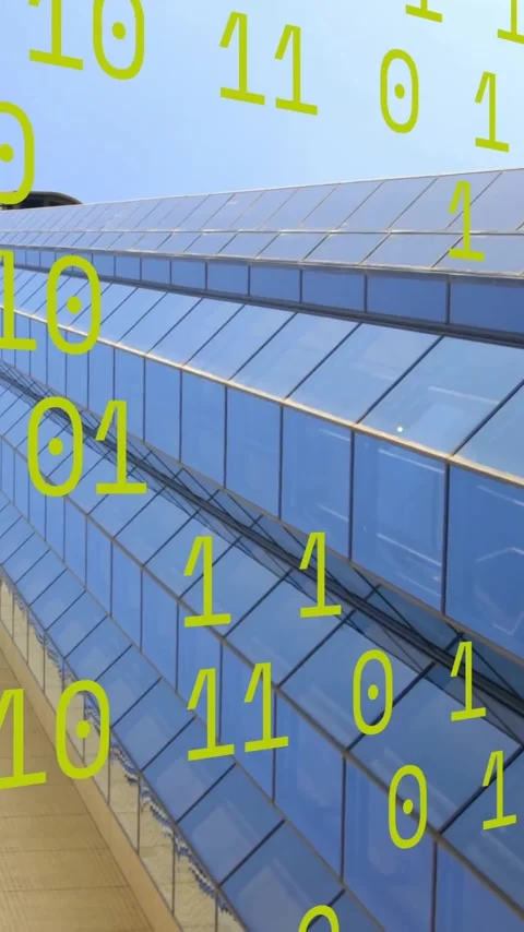 Animation of binary coding over office building Video stock 341927844