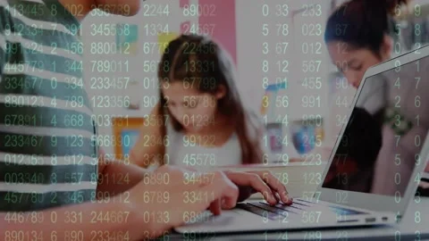 Animation of binary coding over school kids using laptops and studying Video stock 161472361