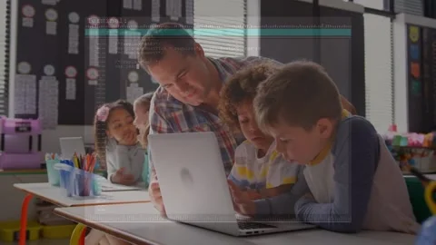 Animation of binary coding over school kids using laptops and studying Stock Footage 161472412