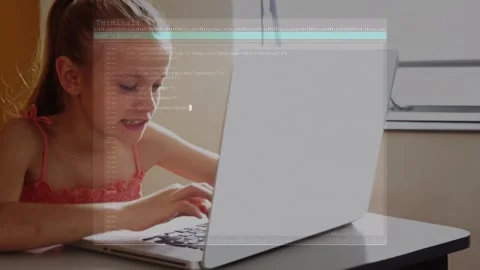 Animation of binary coding over schoolgirl using laptop and studying Stockbeeldmateriaal 161472452