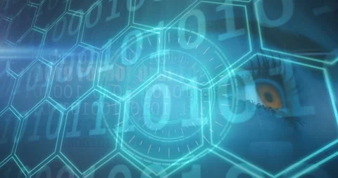 Animation of binary coding over scope scanning and network of hexagons over eye Video stock 150618253