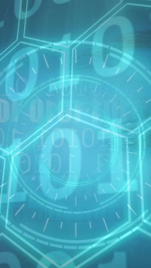 Animation of binary coding over scope scanning and network of hexagons over eye 스톡 동영상 341658209