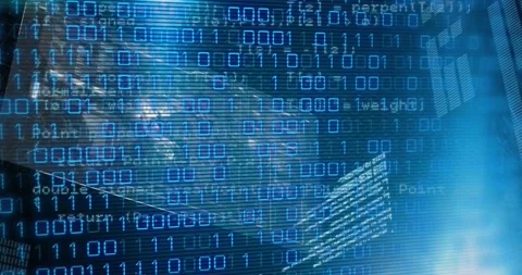 Animation of binary coding over screens with data processing against light spot Stock Footage 330338675