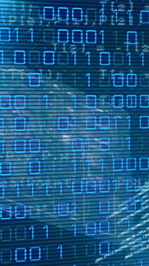 Animation of binary coding over screens with data processing against light spot Stock Footage 343887846