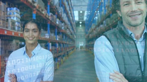 Animation of binary coding over smiling warehouse female and male workers Stock-Footage 159241655