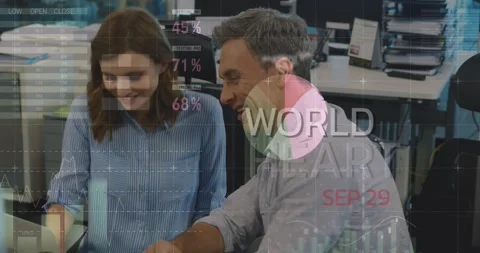 Animation of binary coding over smiling delivery man Stock Footage 328461263