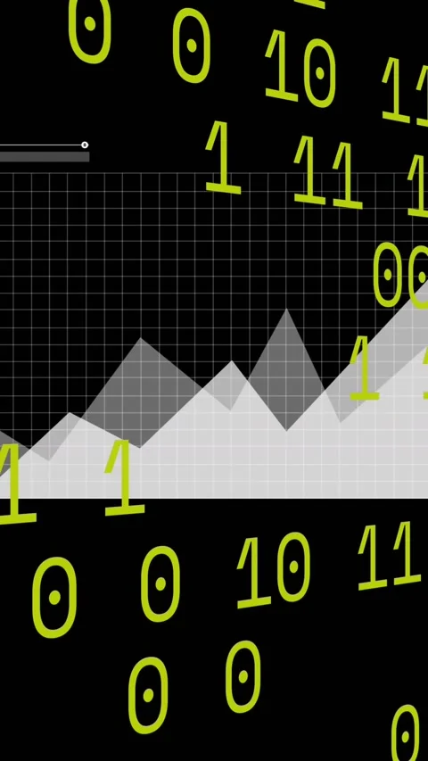 Animation of binary coding over statistical data processing against black 库存影片 344745701