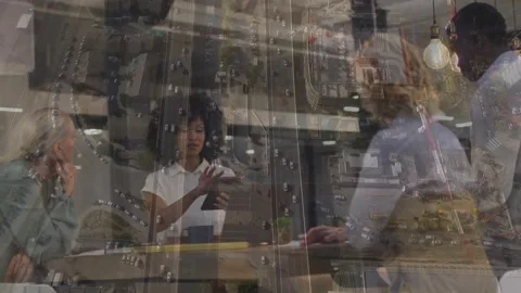 Animation of binary coding over teacher and media binary coding over diverse Stock Footage 329368385