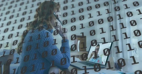 Animation of binary coding over teacher using laptop Stock Footage 330336589