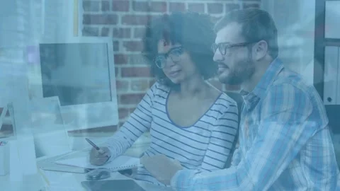 Animation of binary coding over teacher using laptop Stock Footage 330775835