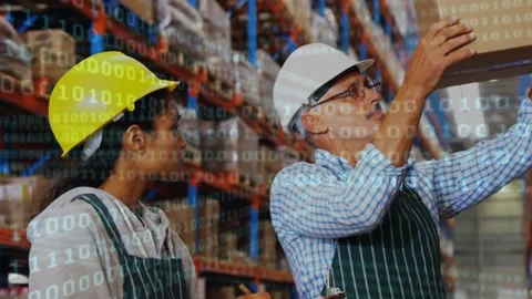 Animation of binary coding over warehouse female and male workers Stock-Footage 159241657