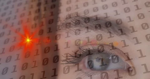 Animation of binary coding processing with glowing spot over woman's eye Video stock 152238856