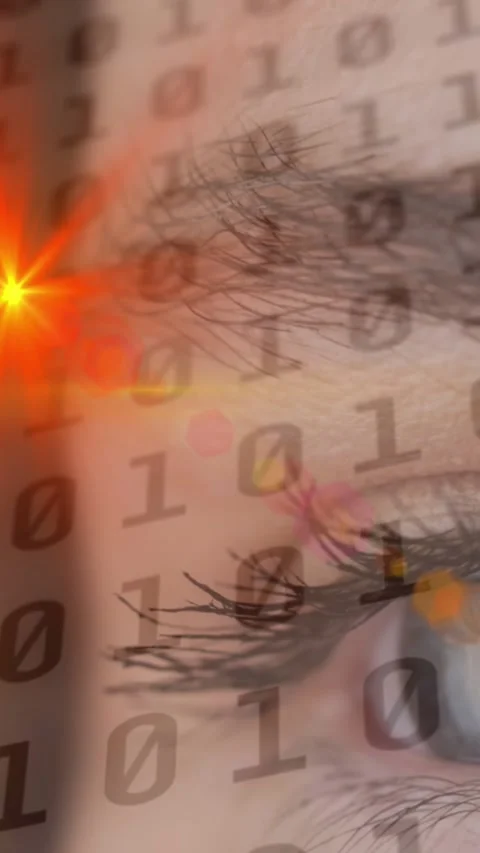 Animation of binary coding processing with glowing spot over woman's eye 스톡 동영상 341658263