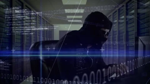 Animation of binary coding processing over caucasian male computer hacker in Stock Footage 328356702