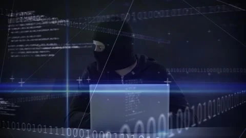 Animation of binary coding processing over caucasian male computer hacker in Stock Footage 329108034