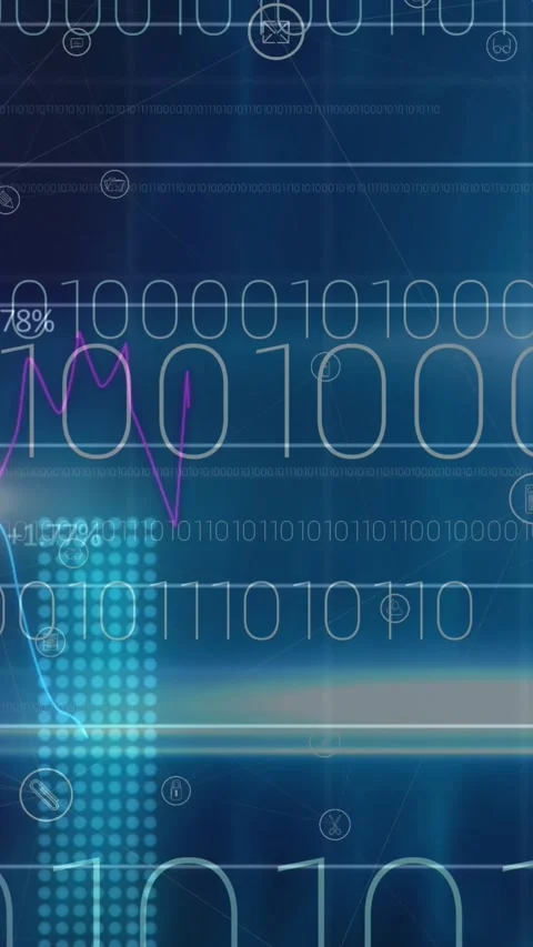 Animation of binary coding processing over digital icons Stock Footage 331719859