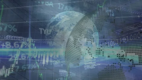 Animation of binary coding, statistics and data processing over globe Stock Footage 327005736
