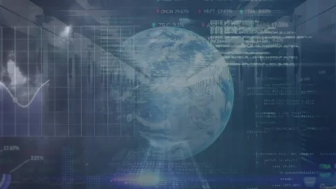 Animation of binary coding, statistics and data processing over globe Stock Footage 327524436