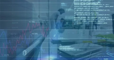 Animation of binary coding, statistics and financial data processing over Stock Footage 327958257