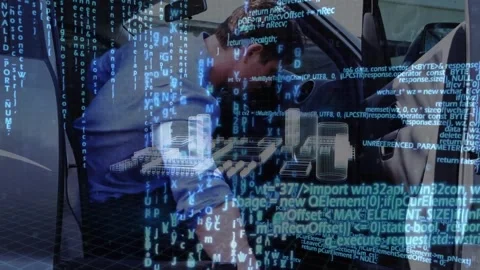 Animation of binary cpding and data processing over man in car Stock Footage 330338782