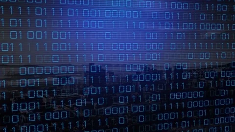 Animation of binary data processing on dark blue lined screen over beach and Video stock 221003472