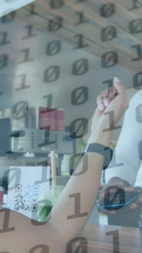Animation of binary data processing over diverse smiling male food vendor Stock Footage 324557699