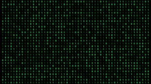 Animation of binary matrix of green blinking and switching digits 0 and 1 on Stock Footage 219552420