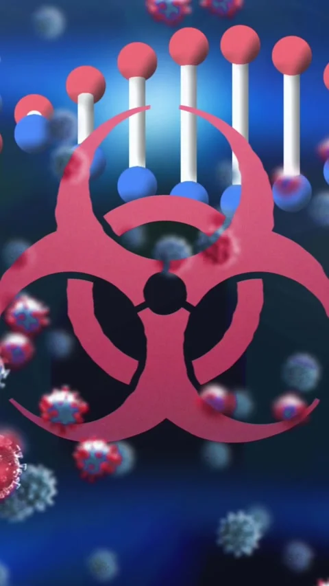Animation of biohazard and dna over blue background with viruses Stock-Footage 342600137