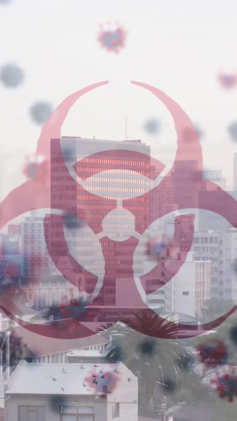 Animation of biohazard and virus cells over cityscape Stock-Footage 343682179