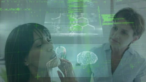 Animation of biological data on digital screen over diverse female doctor and Stock Footage 201228648