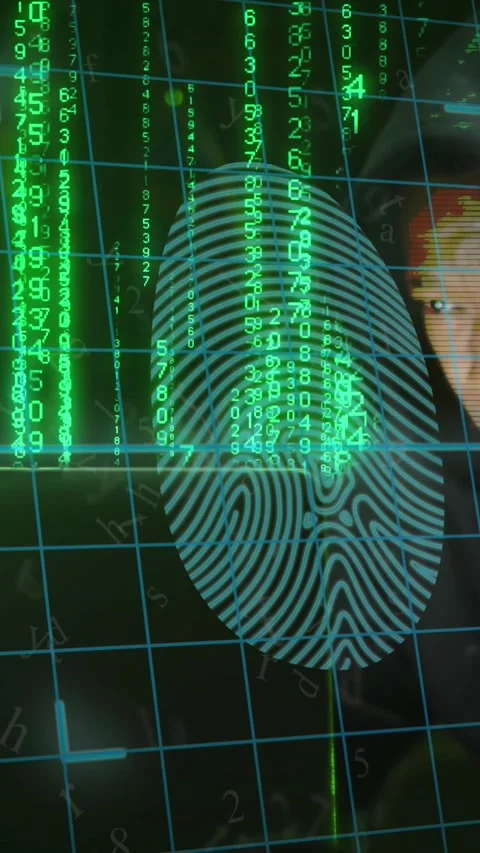 Animation of biometric fingerprint and binary coding over african american man Stock Footage 323898301