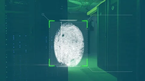 Animation of biometric fingerprint and data processing over computer servers Stock Footage 307815346