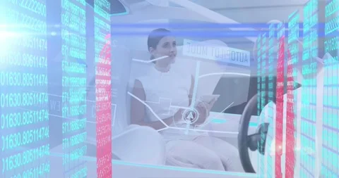 Animation of biometric fingerprint and data processing over woman in self drive Stock Footage 330659057
