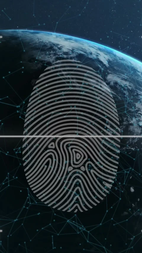 Animation of biometric fingerprint and scope scanning over globe Stock Footage 342010787
