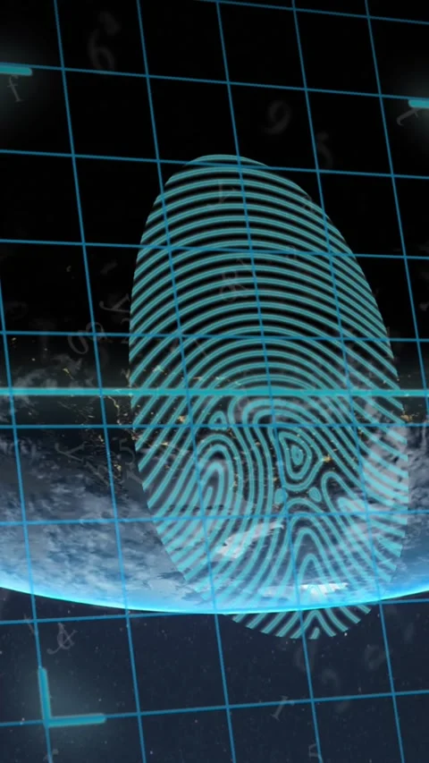 Animation of biometric fingerprint and scope scanning over globe Stock Footage 342034122