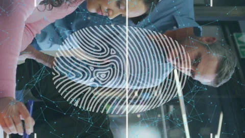 Animation of biometric fingerprint data processing over diverse business people Stock Footage 312423186
