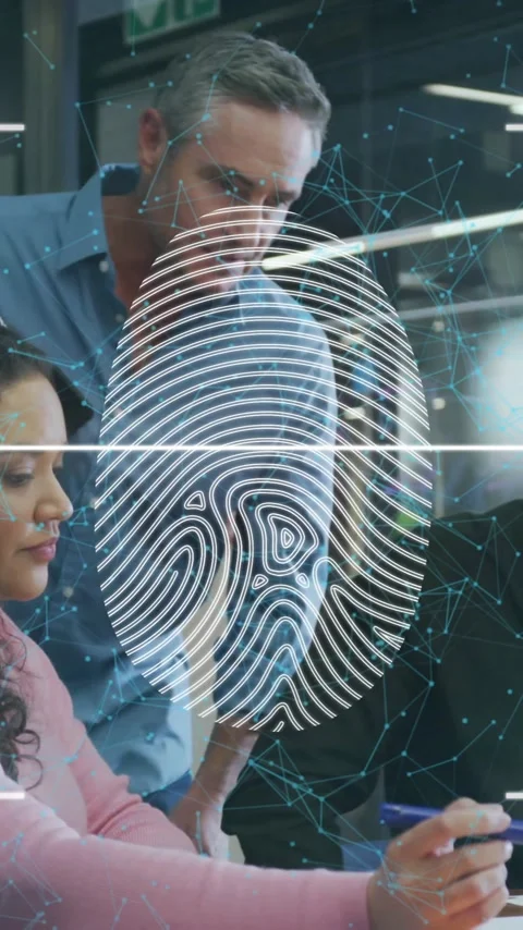 Animation of biometric fingerprint data processing over diverse business people Stock Footage 320589866