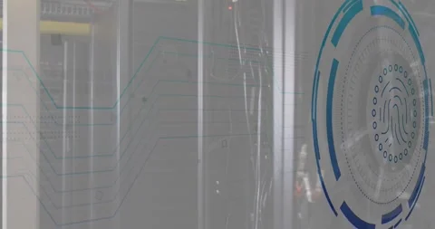 Animation of biometric fingerprint round scanner against computer server room Stock Footage 330587284