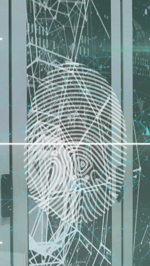 Animation of biometric fingerprint scanner and plexus networks against computer Stock Footage 344524931