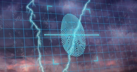 Animation of biometric fingerprint scanner over grid network against Stock Footage 209231985