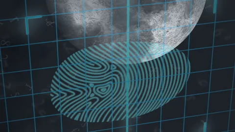 Animation of biometric fingerprint scanner over grid network and moon against Stock Footage 313377694