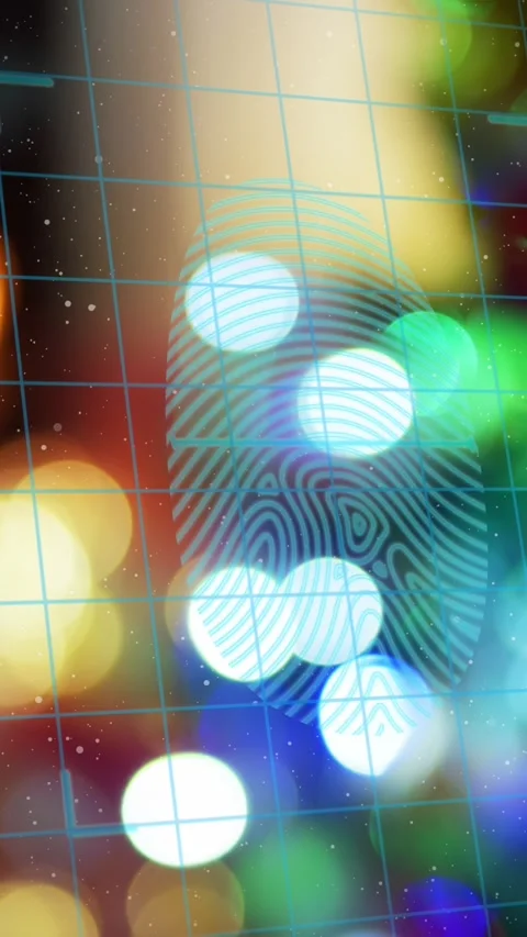 Animation of biometric fingerprint scanner over grid network and spots of light Stock Footage 341976391