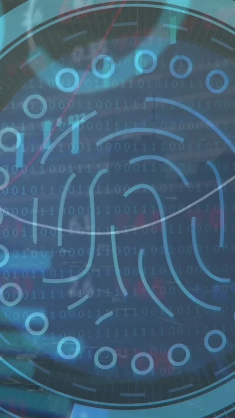 Animation of biometric fingerprint scanner over stock market data processing Vídeos de archivo 344803311